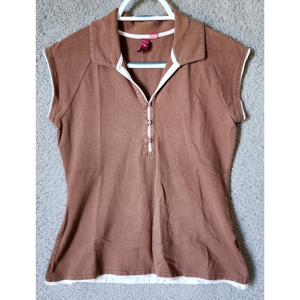 Vintage Y2K SO Women's Size L Cap Sleeve Button Neck Collared Polo Shirt Brown